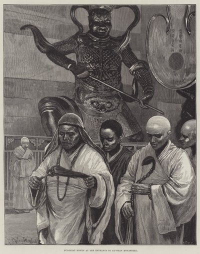 Boeddhistische monniken bij de ingang van het Ku-Shan-klooster door Richard Caton Woodville junior