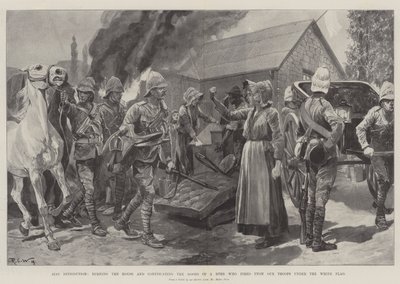 Rechtvaardige vergelding, het verbranden van het huis en het in beslag nemen van de goederen van een Boer die op onze troepen schoot onder de witte vlag door Richard Caton Woodville junior
