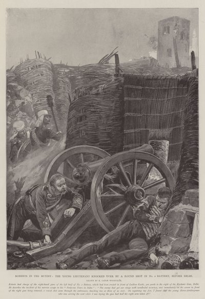 Roberts in de muiterij, de jonge luitenant omvergeworpen door een rond schot in batterij nr. 2, voor Delhi door Richard Caton Woodville junior