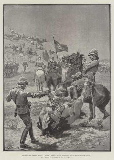 De Vooruitgang naar Dongola, Het Paard van Kapitein Fitton werd neergeschoten in de Slag bij Ferket door Richard Caton Woodville junior