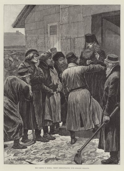 De hongersnood in Rusland, priester die boze boeren terechtwijst door Richard Caton Woodville junior