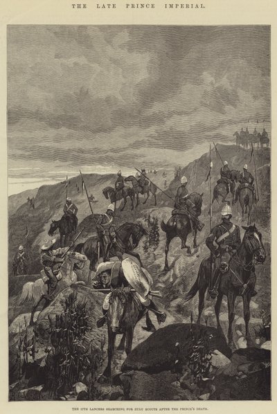 De Laatste Keizerlijke Prins, de 17e Lancers op zoek naar Zulu Verkenners na de Dood van de Prins door Richard Caton Woodville junior
