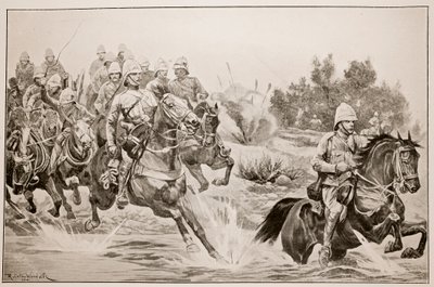 De grote opmars: Royal Horse Artillery (Cavalry Division) steekt de Vaal over door Richard Caton Woodville junior
