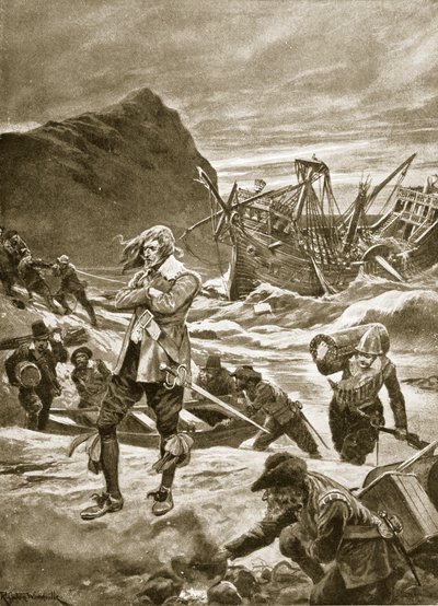 Gestrand op de Bermudas, 1609, illustratie uit 