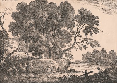 Landschap met groep bomen omgeven door water, huisje links, vrouw zittend op de voorgrond rechts door Richard Cooper the Elder