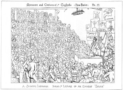 Een wetenschappelijke instelling. Tijdens de lezing van een eminente geleerde, 1849 door Richard Doyle