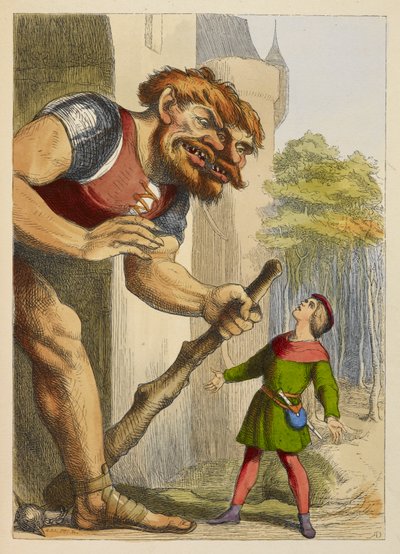 Jack kijkt op naar een reus die twee hoofden heeft. De reus is Welsh. Kleurillustratie in een kinderboek. door Richard Doyle