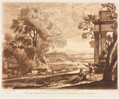Liber Veritatis: Nr. 133, Een Landschap met Vee en de Engel die Hagar Troost door Richard Earlom