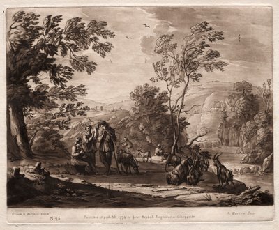 Liber Veritatis: Nr. 25, Een bergachtig en bebost landschap met herders die spelen en geiten die grazen door Richard Earlom