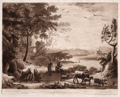 Liber Veritatis: Nr. 42, Een rivierlandschap met een herder en herderin en een kudde vee door Richard Earlom
