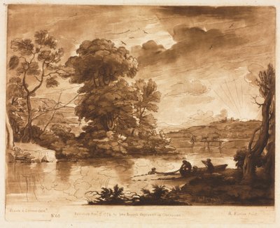 Liber Veritatis: Nr. 68, Een Landschap bij Zonsondergang met Vissers die een Net Binnenhalen door Richard Earlom