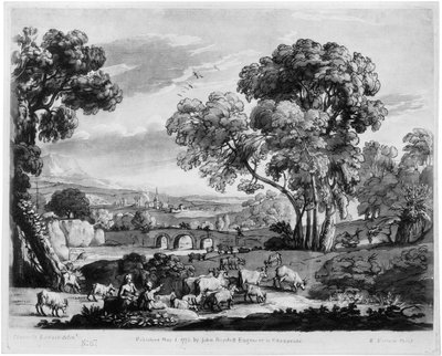 Pastoraal landschap met rivier en brug door Richard Earlom