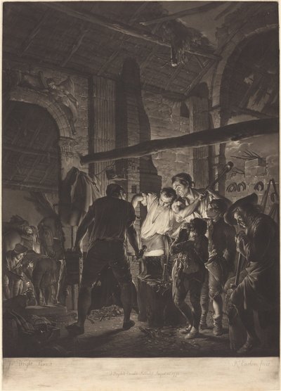 De smidse door Richard Earlom after Joseph Wright