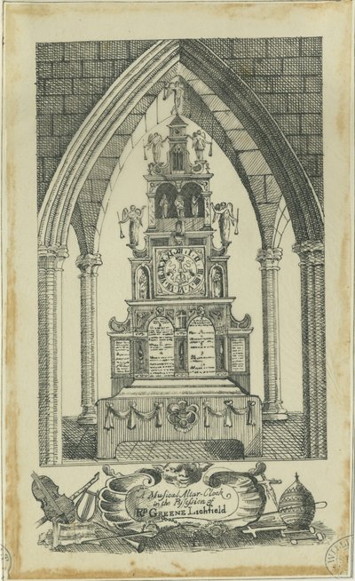 Lichfield - Muzikale Altaarklok: inkttekening, nd [?18e eeuw] door Richard Greene