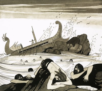 Een Romeins galjoen dat Paulus naar Rome bracht, stort neer op de rotsen bij Malta door Richard Hook
