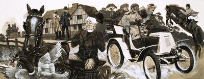 Een luidruchtige nieuwe auto jaagt dorpelingen en hun paarden de stuipen op het lijf door Richard Hook