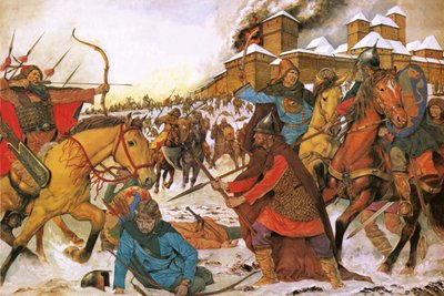 Inwoners van de stad Kiev verdedigen zich tegen nomadische krijgers uit het oosten door Richard Hook