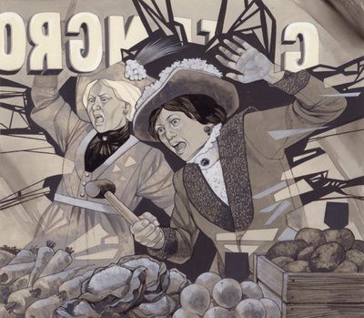 Suffragettes die ruiten ingooien (gouache op papier) door Richard Hook
