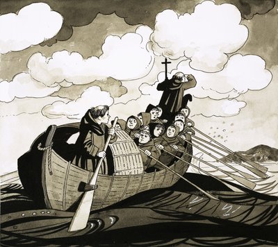 Ongeïdentificeerde groep monniken roeit naar een eiland door Richard Hook