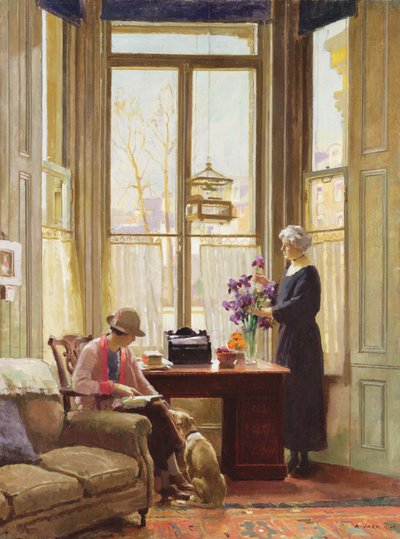 Interieur met twee dames en een hond door Richard Jack