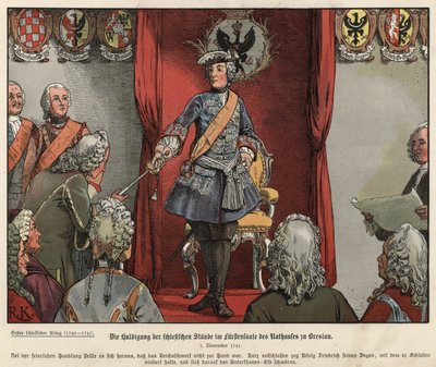 Frederik de Grote ontvangt eerbetoon van de Sileziërs in het stadhuis van Breslau door Richard Knoetel