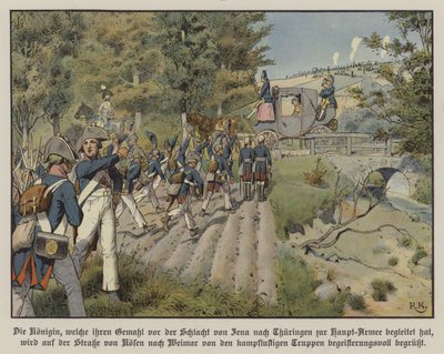 Pruisische soldaten begroeten Koningin Louise van Pruisen terwijl ze hen passeert op de weg van Kosen naar Weimar door Richard Knotel