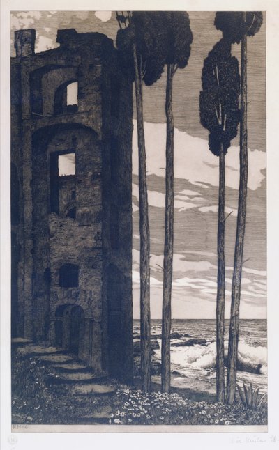 Ruïnes bij de zee (ets  aquatint) door Richard Mueller