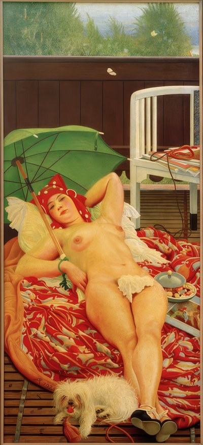 Liggend met groene parasol door Richard Muller