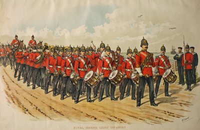 Koninklijke marine lichte infanterieband leidt een colonne marcherende mannen, 1895 door Richard Simkin