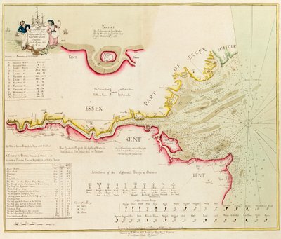 Kaart van de rivier de Theems van Londen naar de Nore, Margate en de Downs, Noord-, Midden- en Zuidkanalen, van een survey genomen in 1789 en 90 door Richard Stanier