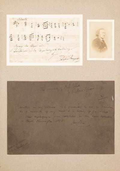 Handgeschreven muzikale notitie gemonteerd met carte-de-visite foto van Wagner en een herkomstnotitie door Richard Wagner