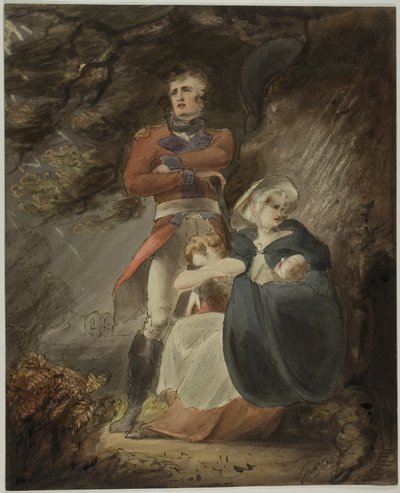 Officier zoekt met vrouw en kinderen beschutting tegen storm (recto); Schets van kasteel op heuvel (verso) door Richard Westall