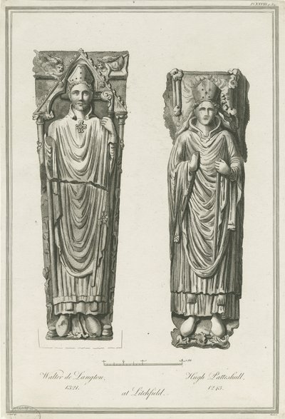 Lichfield Kathedraal - Beelden van Walter de Langton en Hugh de Patteshull (gravure) door Richard Woollett Basire