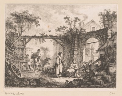Gezicht op een binnenplaats met een doorkijk door een poort naar een huis door Richard de Saint Non