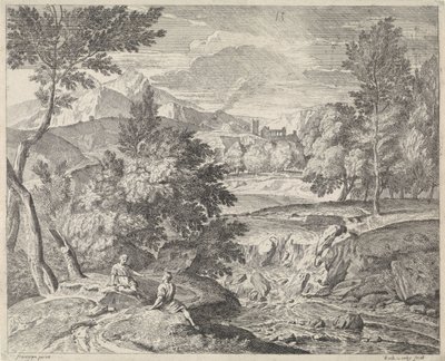 Arcadisch landschap met twee figuren bij een waterval door Richard van Orley (II)