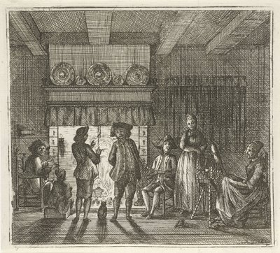 Interieur met figuren bij open haard door Rienk Jelgerhuis