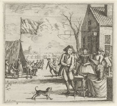 Winterlandschap met herberg en schaatsers door Rienk Jelgerhuis