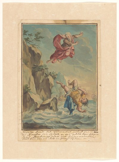 Mentor gooit Telemachus van een rots en springt hem achterna (Telemachus-reeks) door Rienk Keyert