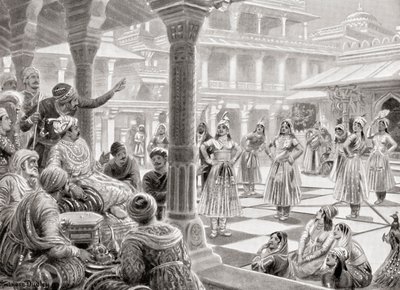 Akbar speelt pachisi of chaupur met levende stukken in Fatehpur Sikri in 1575, uit Hutchinson