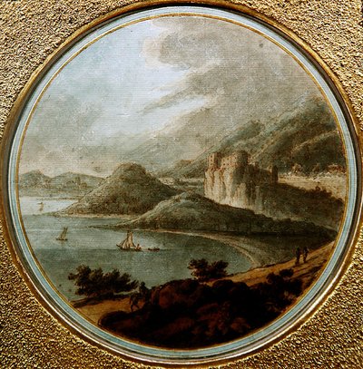 Kasteel boven een zeebaai met schepen, ca. 1775 door Robert (attr. to) Adam