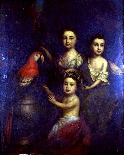 Portret van Drie Kinderen met een Ara door Robert (circle of) Byng or Bing