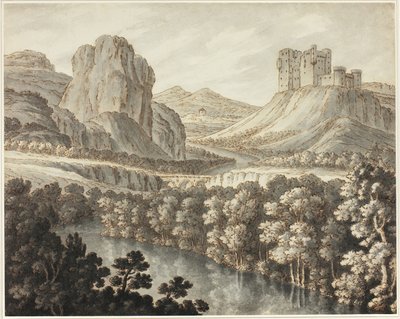 Een romantisch landschap met een vervallen kasteel door Robert Adam