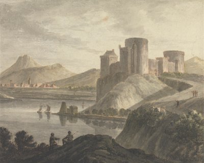 Kasteel met figuren in een klassiek landschap door Robert Adam