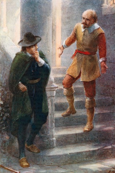 Greatheart smeekt Mr Fearing binnen te komen (kleurenlitho) door Robert Ambrose (after) Dudley