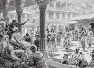 Akbar speelt dammen met levende stukken in Fatehpur Sikri door Robert Ambrose Dudley