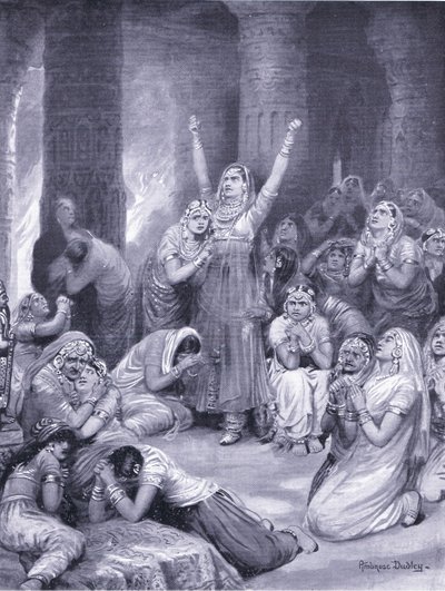 De Rajput ceremonie van Jakhur (holocaust) 1567 AD (litho) door Robert Ambrose Dudley