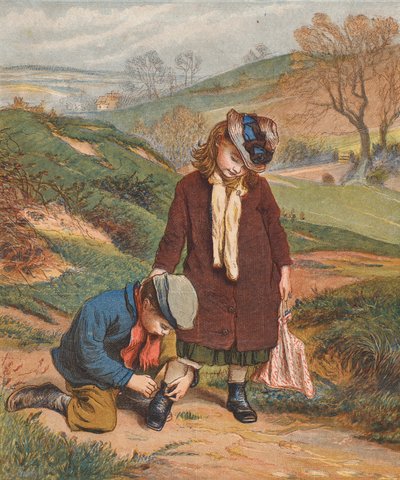 Een vriend in nood, een jongen die de schoenen van een meisje vastmaakt door Robert Barnes