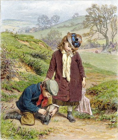 Broer strikt de schoen van zijn zus, uitgegeven 1854 door Robert Barnes