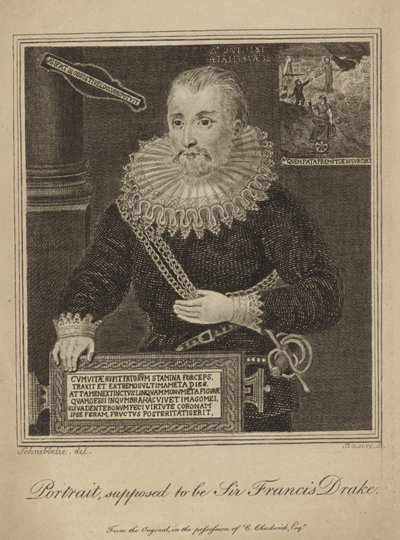 Francis Drake (gravure) door Robert Blemell (after) Schnebbelie