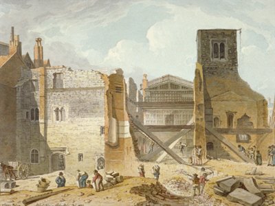 Uitzicht op de sloop van het Savoy Palace, Westminster, Londen door Robert Blemmell Schnebbelie